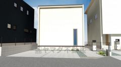 完成予想図。のっぺりしがちな大きな壁面に対し、縦のスリット窓や玄関周りの凹凸で変化をつけています。シンプルながらも単調にならない洗練された印象に＾＾ 