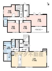 4LDK。17.6帖のLDKにはパントリー・リビング収納付き＾＾洗面脱衣室は広めの4.96m2、ハンガーパイプ収納付き。主寝室は7.1帖、WIC付き＾＾全居室収納付き。南面バルコニーで陽当たり良好＾＾
