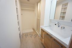 洗面台、洗濯機置き場、バスルームが連なっている、生活導線の考えられた作りになっています。