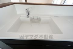 色も形もキレイなシンクは、広さも確保しているので、大きめの鍋も簡単に洗えます。