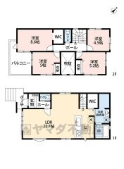 4LDK。LDK22.7帖＾＾リビング上部は吹抜けで開放的な空間＾＾ウォークインクローゼット付き。洗面室広め＾＾南西バルコニーで陽当たり良好＾＾