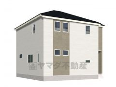 完成予想図、正面。白×ベージュの柔らかなコントラスト。 洗練された縦ラインが際立つ、モダン・スタイリッシュ邸宅＾＾ 