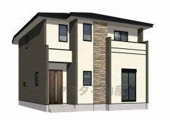 完成予想図。現況と異なる場合は現況優先となります。 明るい外壁とダークカラーの組み合わせが上質なコントラストを生み、スタイリッシュな佇まいを演出しています。