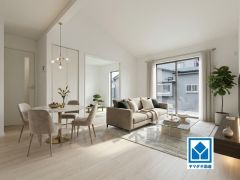 大きな掃き出し窓のあるリビングは、陽光あふれる明るい空間です。ゆったりと寛げる憩いの場となりそうです。勾配天井で視線の抜けが良く、実際の部屋の広さよりも広く感じます＾＾家具はCGによるイメージ画像