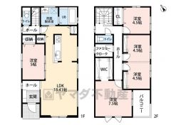 オールフローリング4LDK。18.41帖の広々LDKにはリビング収納・パントリー付き＾＾アイランドキッチン＾＾2階に居室から独立したファミリークローク付き＾＾