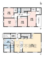 オールフローリング4LDK。LDK広々18.2帖＾＾スタディーカウンター、パントリー、リビング収納付き。主寝室にWICとCLなど収納充実の間取り＾＾南東バルコニーで陽当たり良好。 