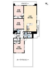 角部屋＾＾4DK。3面バルコニーで陽当たり＆風通し良好。ルーフバルコニー面積41.19㎡。