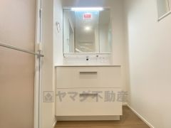 三面鏡裏収納付き洗面化粧台。