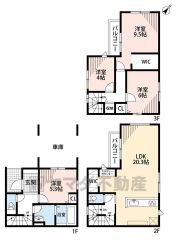 プライバシーを確保しやすい2階リビング＾＾20.3帖。大容量のWIC、パントリー。