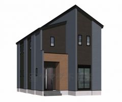 深みのあるネイビーとブラックのツートンカラーが、都会的で洗練された印象。玄関ポーチ部分に大胆に配置された明るい木目調のアクセントが、「住まいの温もり」をプラスしています＾＾