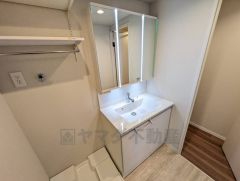 三面鏡裏収納付き洗面化粧台です＾＾ 歯磨きセットやスキンケア用品などの収納に便利ですね。 生活感も隠すことができ、来客時にも安心です。