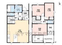 3LDK。16.3帖のLDKは吹抜けで開放感のある空間＾＾玄関にシューズクローゼット、2階洋室に大容量のウォークインクローゼット・カウンター付きのマルチテラスあり＾＾