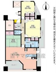 6帖の和室含む3LDK。10帖の洋室は2ドア1ルーム。お子様の成長に合わせて4LDKも可能な間取り＾＾南側・東側の2面バルコニーで陽当たり・風通し良好＾＾