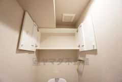 トイレ上部にはお掃除道具やトイレットペーパー等が収納できる扉付きの棚を設置済み。