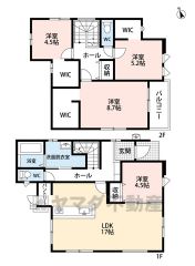 4LDK。南西向き。 1階はLDKと隣洋室合わせて21.5帖の広々とした空間＾＾ キッチン横にパントリー＆勝手口付き。 2階は全居室にウォークインクローゼット付き＾＾南東バルコニーで陽当たり良好＾＾
