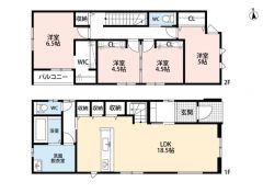 4LDK。南向き。パントリー＆リビング収納＆WICなど収納充実の間取り＾＾2階の2洋室は行き来可能。お子様の成長に合わせてお使いいただけます＾＾南面バルコニーで陽当たり良好＾＾