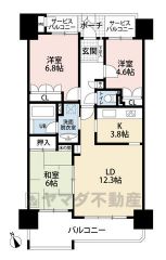 約6帖の和室含む3LDK。リビングでの寛ぎを邪魔しない独立キッチン＾＾全居室収納、ホール収納付き＾＾南西バルコニーで陽当たり良好＾＾