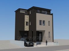 完成予想図。異なるテクスチャを巧みに組み合わせた外装デザイン。落ち着きのあるダークトーンに、縦のラインを強調する石目調のアクセントウォールが、住まいの品格を高めます＾＾ 