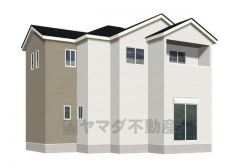 完成予想図、背面。 周囲の街並みに溶け込みながらも、一目で「こだわり」を感じさせる配色が魅力です。窓の配置を工夫することで、プライバシーを守りつつデザインのアクセントとして機能させています。 