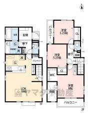 3LDK＾＾18帖のLDK上部は吹抜けと折り上げ天井で明るく開放感のある空間＾＾パントリー、スタディーカウンター付き＾＾全居室収納付き＾＾南側・西側の2面バルコニー＾＾