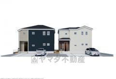 1.2号棟完成予想図。お庭付きで家庭菜園やガーデニングなど楽しみが広がるスペースです。最新の設備で気持ちの良い新生活を送りませんか。お気に入りの家具とインテリアで素敵な部屋を作りましょう。