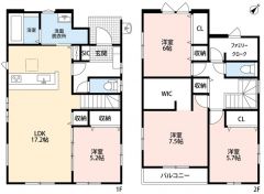 4LDK＾＾LDK17帖以上＾＾全居室収納、ファミリークローク、WIC有で収納充実＾＾南向きバルコニーで日当たり、風通し良好＾＾