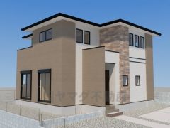 完成予想図。温かみのあるベージュと清潔感のあるホワイトのツートンカラーを採用。落ち着いたトーンで統一することで、派手すぎず、かつ周囲の家々の中でも一際目を引く洗練された外観に仕上げています。