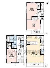 3LDK＾＾プライバシーが確保された2階リビング＾＾水廻りは1階に配置。収納充実の間取り＾＾