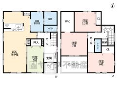 1階はLDKと隣接する和室を合わせると21帖以上の大空間＾＾ 2階には十分な広さを確保した3洋室＾＾南向きの幅広バルコニー＾＾