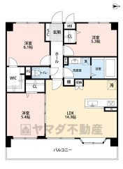 3LDK。全居室5.3帖以上、収納付き＾＾主寝室には広々ウォークインクローゼット付き＾＾東向きバルコニー＾＾ 