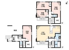4LDK3階建ての新築物件。1Fの9帖洋室は大型W.I.Cを備えており、主寝室に適しています。家族の生活時間帯がずれても静かに過ごせます。