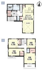 4ＬＤＫとWIC・SIC・パントリーでゆとりのある暮らしが実現。リビングは18.5帖の開放感あふれる空間です。2階は洋室が4部屋あるので、お子様が大きくなっても安心です＾＾