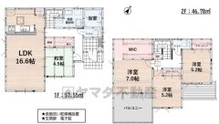 4LDK。1階はLDKと和室合わせて約21.1帖の広々とした空間＾＾ 2階に洋室3部屋。主寝室に大容量のウォークインクローゼットなど全居室収納付き。 南東バルコニーで陽当たり良好＾＾ 