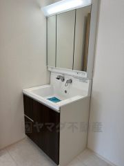 三面鏡つき洗面台。鏡の裏側は収納スペースを確保。化粧品や歯ブラシなどの小物類もきれいに整理できます。
