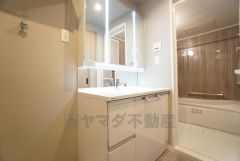 三面鏡裏収納付き洗面化粧台です＾＾ 歯磨きセットやスキンケア用品などの収納に便利ですね。生活感も隠すことができ、来客時にも安心です。