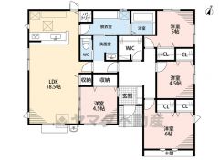 4LDK。LDKは広々18.5帖＾＾パントリー＆リビング収納付き。家の中心にファミリークローク完備＾＾家事ラク動線を確保＾＾