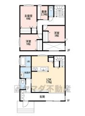 オールフローリング3LDKとS。玄関は土間部分が広々とした造り＾＾吹き抜けで開放感のある空間。17帖のLDKにはパントリー・リビング収納付き。2階に2.5帖の書斎あり＾＾