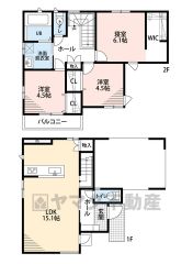 オールフローリング3LDK。LDKにパントリー、勝手口付き＾＾2階に浴室、洗面など水廻りを配置することで家事ラク動線を実現＾＾主寝室には広々ウォークインクローゼットあり＾＾