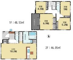 4LDK。南向き。LDKは広々18.2帖＾＾パントリー＆リビング収納＆全居室収納＾＾幅広バルコニーで陽当たり＆風通し良好。