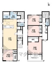 オールフローリング4LDK。1階はLDKと隣洋室合わせて21.5帖の広々空間。主寝室にウォークインクローゼットなど全居室収納付き＾＾南面バルコニーで陽当たり良好＾＾