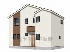 完成予想図。明るいホワイトの外壁に、ぬくもりのあるブラウンの木目調が映え、家族の温かさを感じさせるデザインのお家です＾＾ 