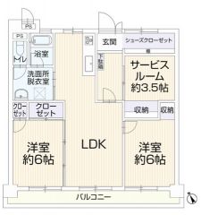 2LDK（S）全居室がバルコニーに面した贅沢な配置＾＾約3.5帖のサービスルームは、テレワーク部屋、シアタールーム、ファミリークローゼットとしても活用可能。SIC、全居室収納付きなど収納充実の間取り。