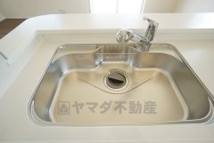 大きなお鍋も楽々洗える幅の広いシンクです＾＾ステンレスシンクなので簡単にお掃除できますよ。洗剤やスポンジもすっきりできる収納付き。