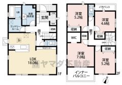 オールフローリング4LDK。LDKは広々18帖＾＾洗面脱衣室とランドリールームあり＾＾パントリー、洗面室収納、SIC、WICなど収納充実＾＾雨の日でも安心のインナーバルコニー＾＾