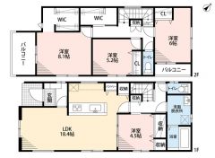 4LDKとファミリークローク。南向き。LDK18.4帖。3面採光で明るい住空間を実現＾＾食洗機付きシステムキッチンやパントリー＆リビング収納あり。 2階にファミリークローク完備。2面バルコニー＾＾