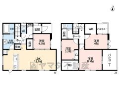 4LDK。南向き。LDKは広々18.1帖。リビング収納＆パントリー付き。家事効率アップの回遊動線＾＾2階2洋室にウォークインクローゼットなど収納充実の間取り。バルコニー2ヶ所。陽当たり＆風通し良好