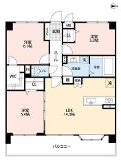 3LDK。全居室5.3帖以上、収納付き＾＾主寝室には広々ウォークインクローゼット付き＾＾東向きバルコニー＾＾ 