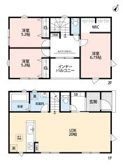 3LDK＾＾LDKは広々20帖＾＾ 開放感のあるリビング階段を採用。2階ホールには吊り下げ物干し完備。南東面インナーバルコニーで陽当たり良好＾＾