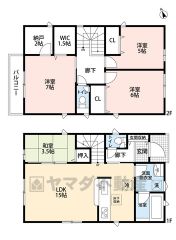 1階はコンパクトな15帖LDKと隣接する和室は3.5帖＾＾ 2階には3洋室、約7帖の主寝室にはWICとストレージルーム付き＾＾