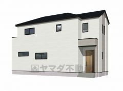 1号棟。完成予想図。清潔感あふれるホワイトカラーが印象的。シンプルで飽きのこないデザインの外観。4LDK＾＾駐車スペース2台分確保＾＾